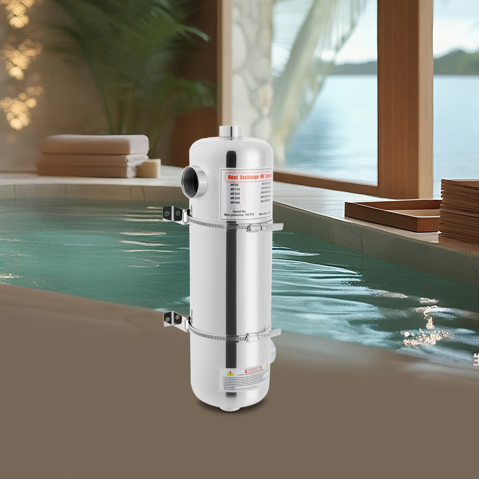 Échangeur de chaleur pour piscine 60 kW, chauffe-eau à contre-courant en acier inoxydable 304 (tube dans tube), 200 000 Btu/H pour spa, bain à remous, chauffage solaire, chauffage par le sol et dégivrage de la neige, débit de 55 GPM, 230 V ° Température maximale F