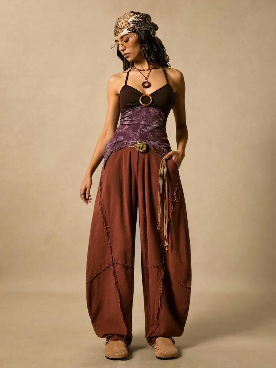 

Boho Vintage Wide Leg Pants With Curved Edge Cut Womens Casual Fall Winter Trousers