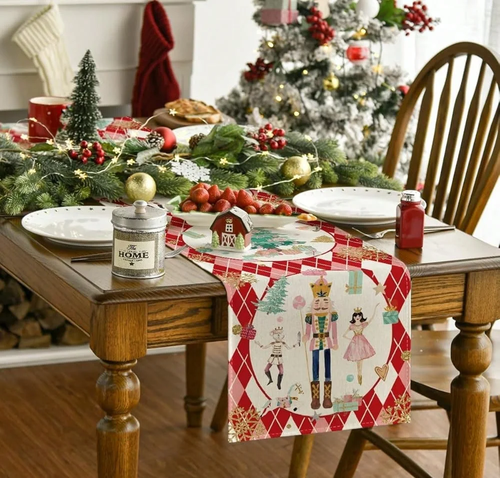 

Red Diamond Plaid Christmas Table Runner - Nutcracker & Snowflake Prints, Winter Decor for Home Kitchen/Dining Party