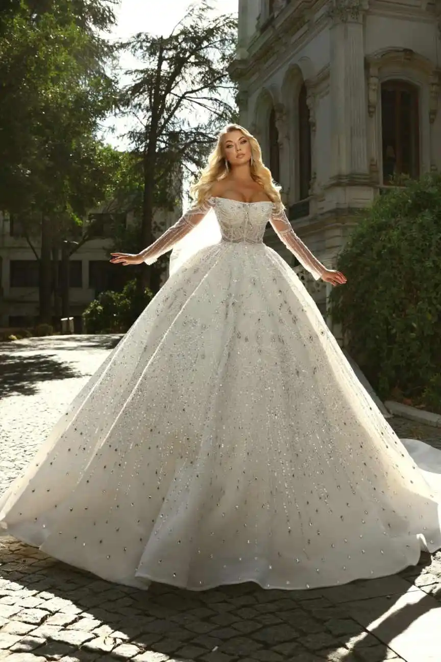 Exquisite Lace Wedding Dress Off Shoulder Long Sleeve Heavy Beaded Ball Gown Bridal Outfit For Church Wedding Customized