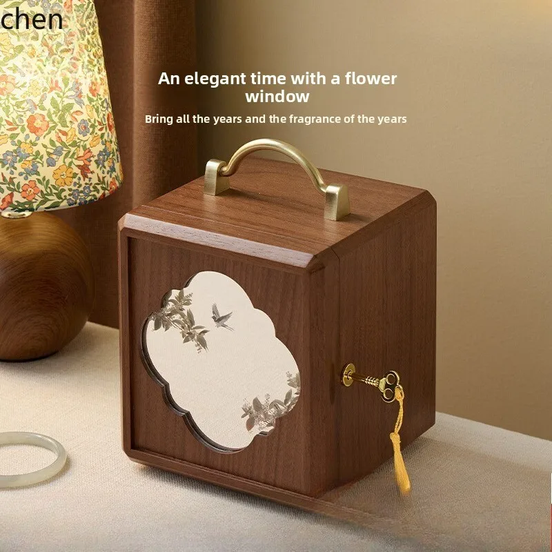 HTT wooden jewelry box with lock wedding high-end new Chinese gold jewelry storage box wedding gift