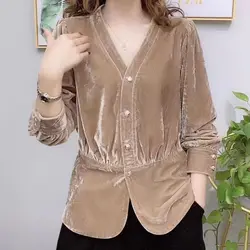 Spring Women's Gold Velvet Top Upscale Fashion Oversized Bottom Middle-aged Loose V-neck Panel Single-breasted Lantern Sleeve