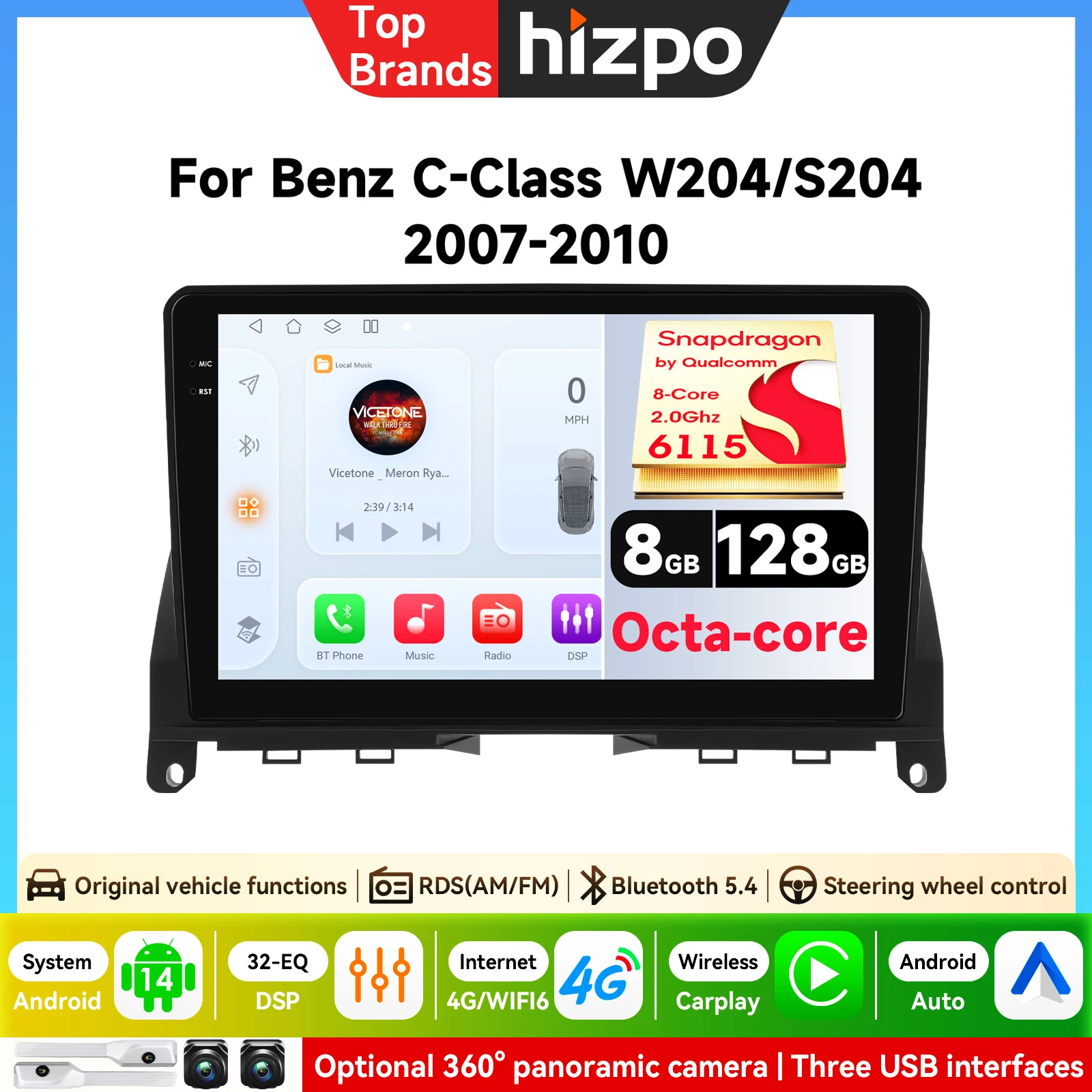 Hizpo 9 Zoll 2-DIN Android Auto Autoradio für Mercedes-Benz C-Klasse W204 S204 2007 - 2010 Multimedia Wireless Apple CarPlay Intelligente Systeme IPS Touchscreen Stereo-Videoplayer 2-DIN Autoradio
