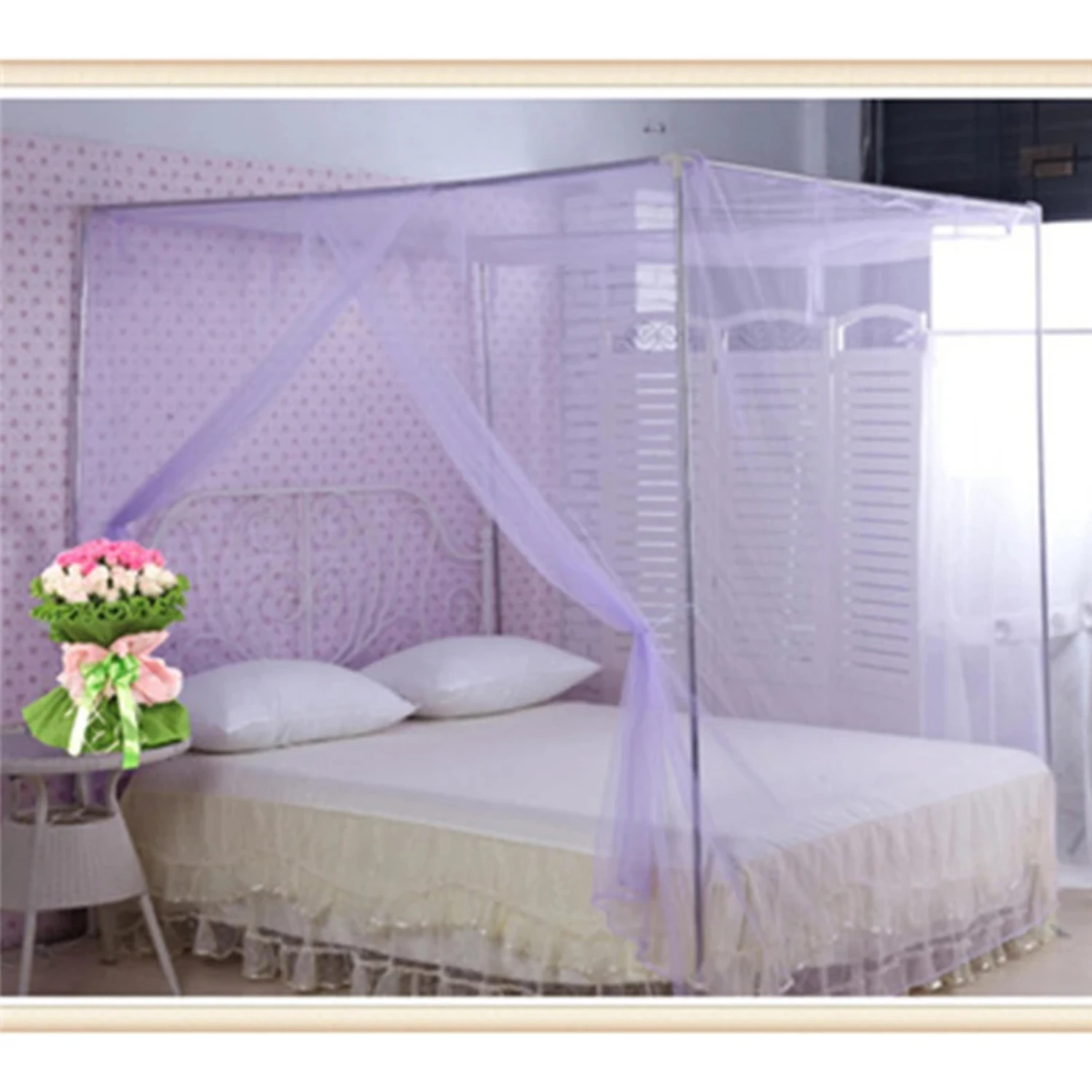 White, Pink, Blue, and Purple Elegant Deluxe Princess Lace Mosquito Insect Netting Full Size Double Bed Canopy - Luxurious Polye