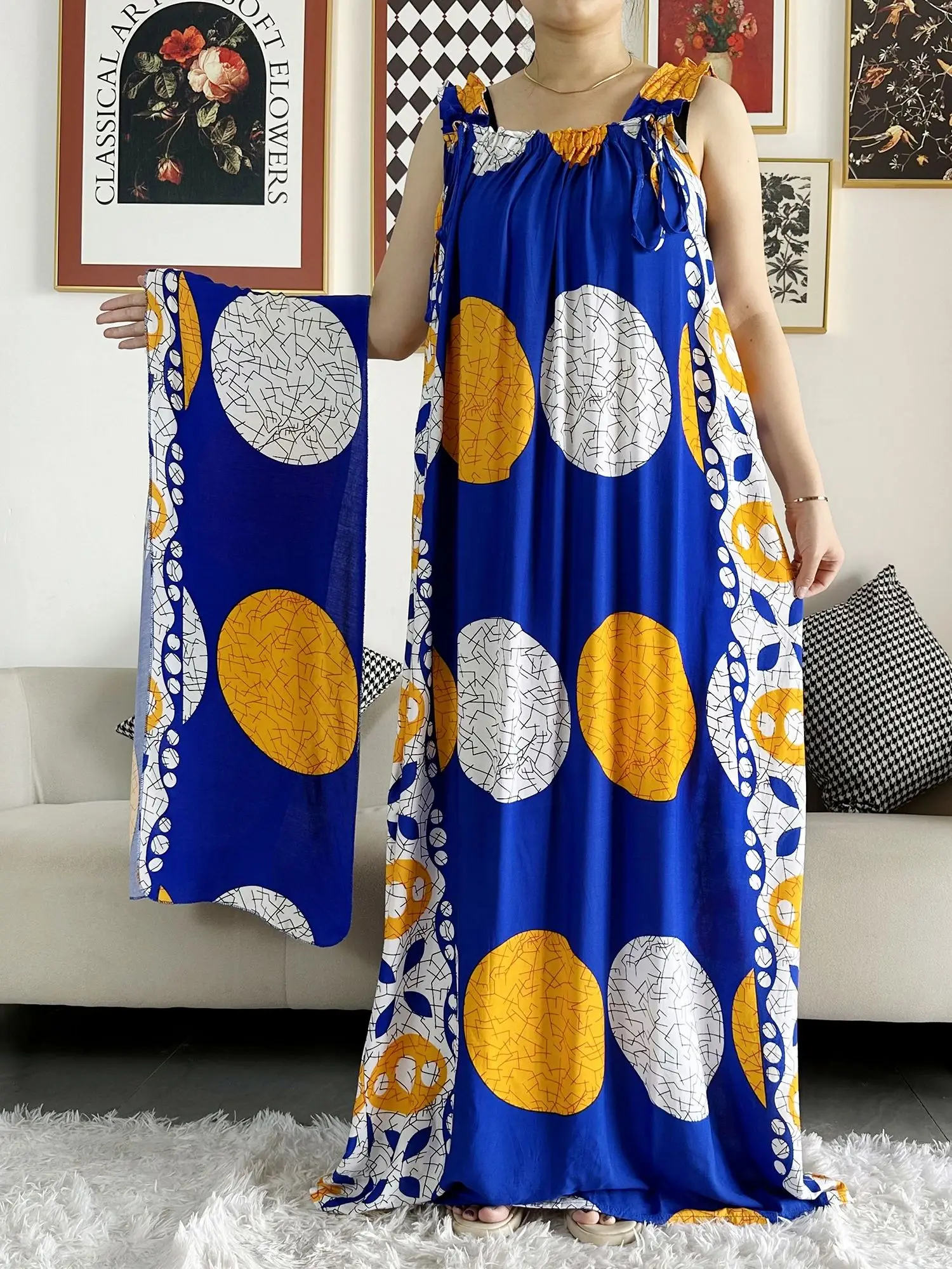 New Arrivals Women\'s Cotton Summer Sleeveless Dress With Scarfs Under Dress African Dashiki Maxi Lady Robe Loose Kaftan Vestidos