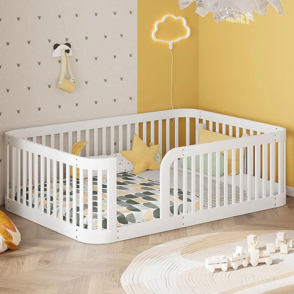 

Size Floor Bed with Door Montessori Floor Beds with Fence Railings & Support Slats for Kids Full Floor Bed Frame for Boys