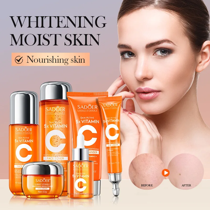 Vitamin C Face Skin Care Set Whitening Face Cream Dark Spots Serum Eye Cream Toner Facial Cleanser Moisturizing Lightening Kits