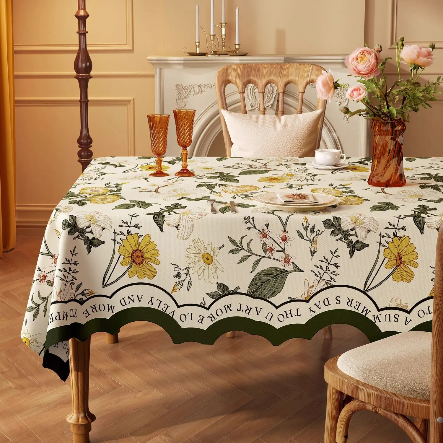 Manteles rectangulares con bordes ondulados, tapete de mesa impermeable y a prueba de aceite de alta gama de PVC, mantel decorativo de estilo campestre Floral