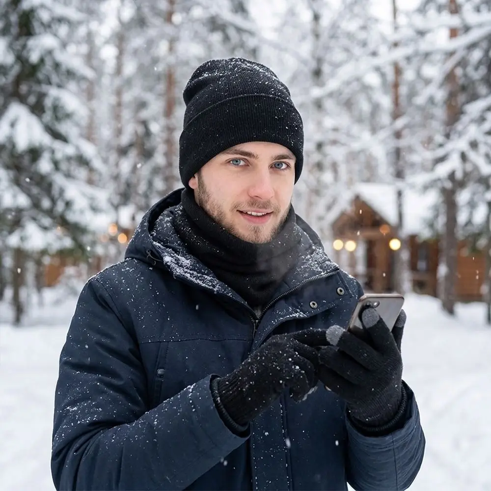 3Pcs/Set Warm Winter Hat Scarf Gloves Set Windproof Soft Knit Beanie Snood Set Elastic Thicken Touchscreen Gloves for Men Women