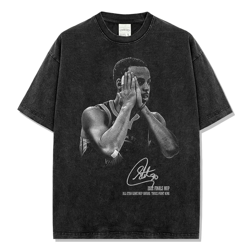 

Acid Wash Stephen Curry 2022 Finals MVP T-Shirt Signature Print Loose Fit Trendy Men's Basketball Streetwear Top