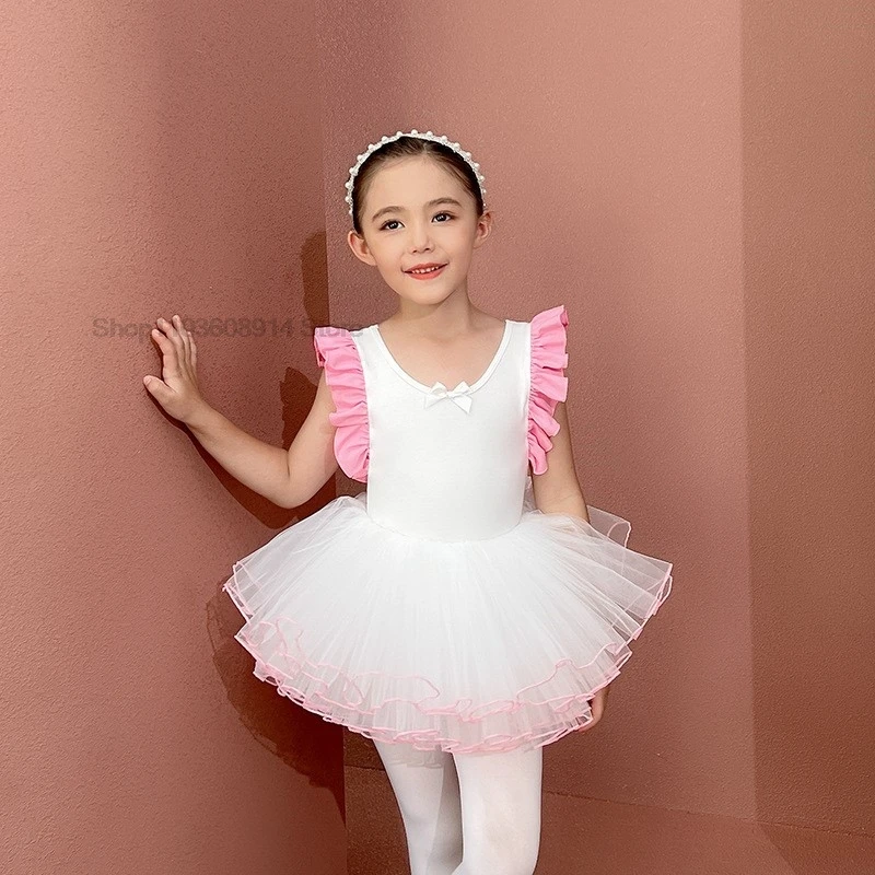 Child Patchwork ballet Dress white Sleeveless ballet training skirts girls ballet Leotards bodysuit stage performance Costumes