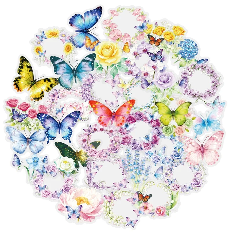 

56PCS Kawaii Butterfly Flower PET Sticker Aesthetic Decoration Scrapbooking Stationery DIY Hand Accounting Supplies for Kids