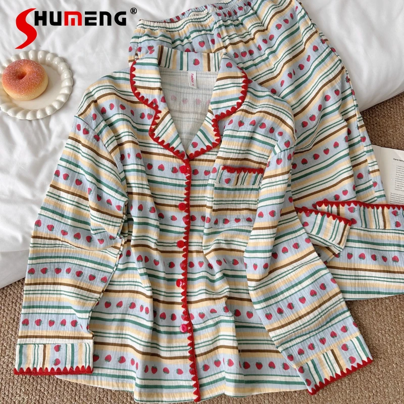 

Pure Cotton Sweet Girl Pajama Set Women Spring Autumn Cotton Gauze Long Sleeve Homewear Female Japanese Style Loungewear