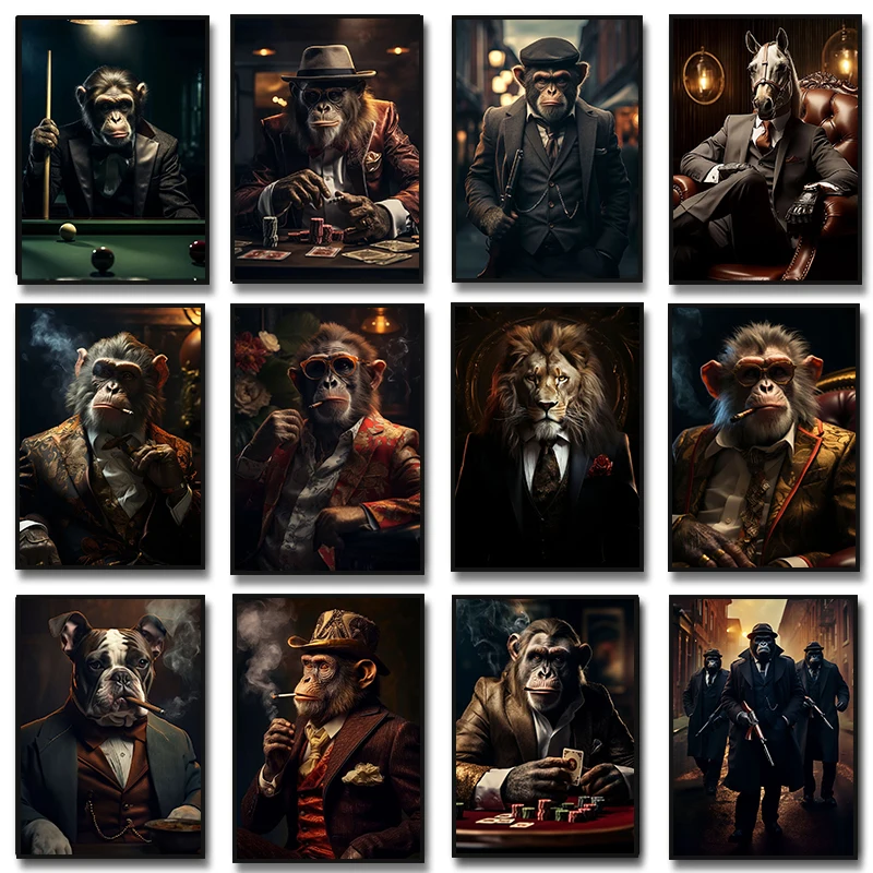 Gangster Monkey Smoking Lion Playing Billiards Poster mit Giraffe – Ist das wirklich die richtige Wandkunst für Ihren Raum?