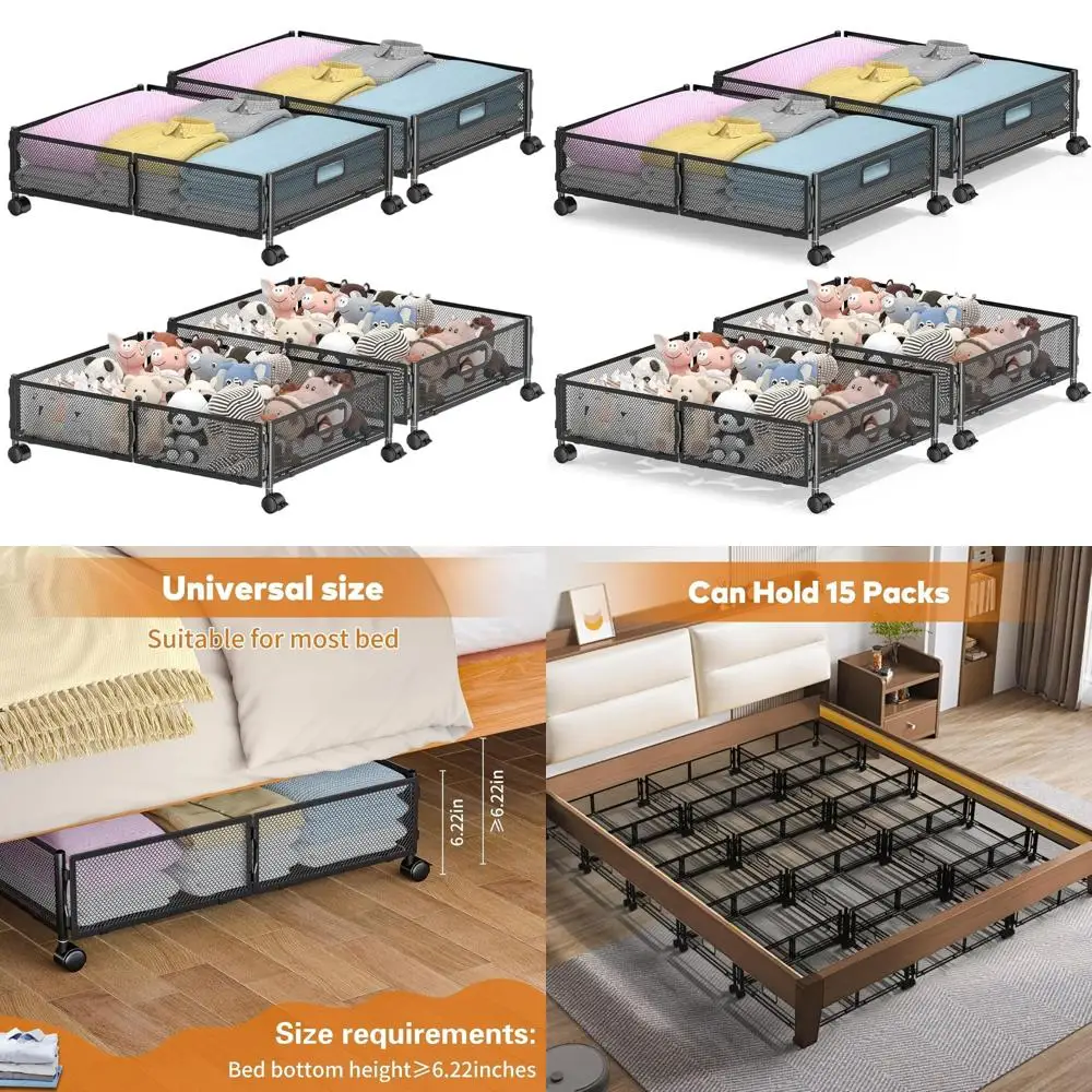 

4-Pack Black Rolling Underbed Storage Bins with Wheels for Clothes, Shoes, and More
