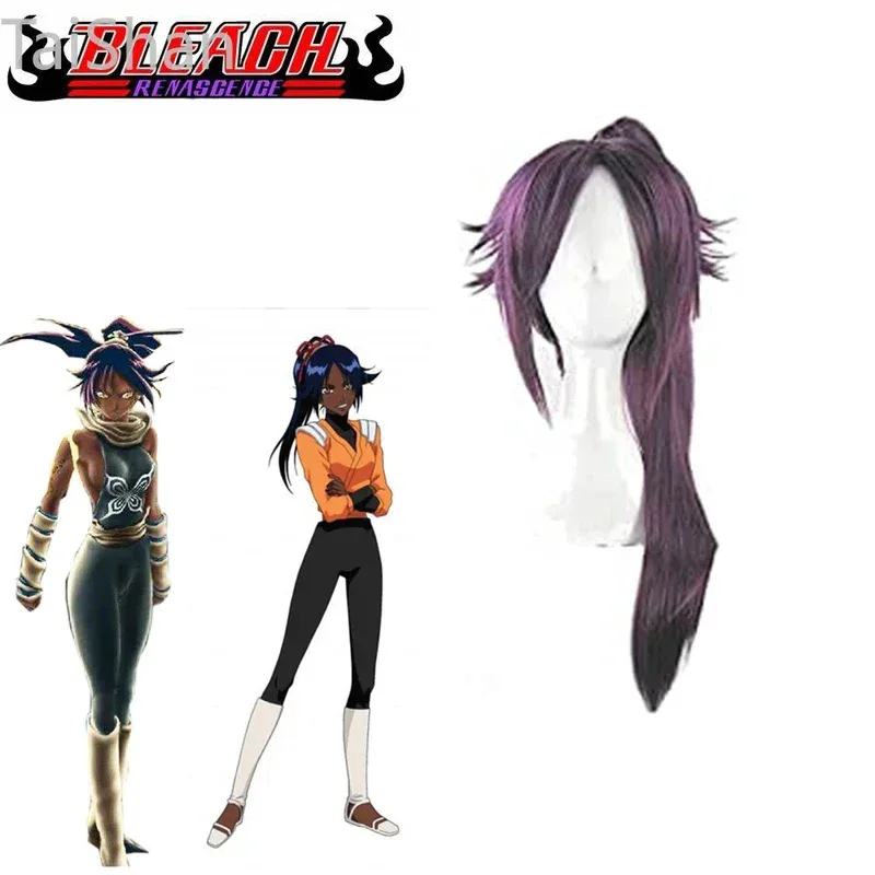 Anime BLEACH Shihouin Yoruichi Parrucche Cosplay Fibra ad alta temperatura Base per capelli sintetici Parrucca Tigre Clip Capelli viola Regali