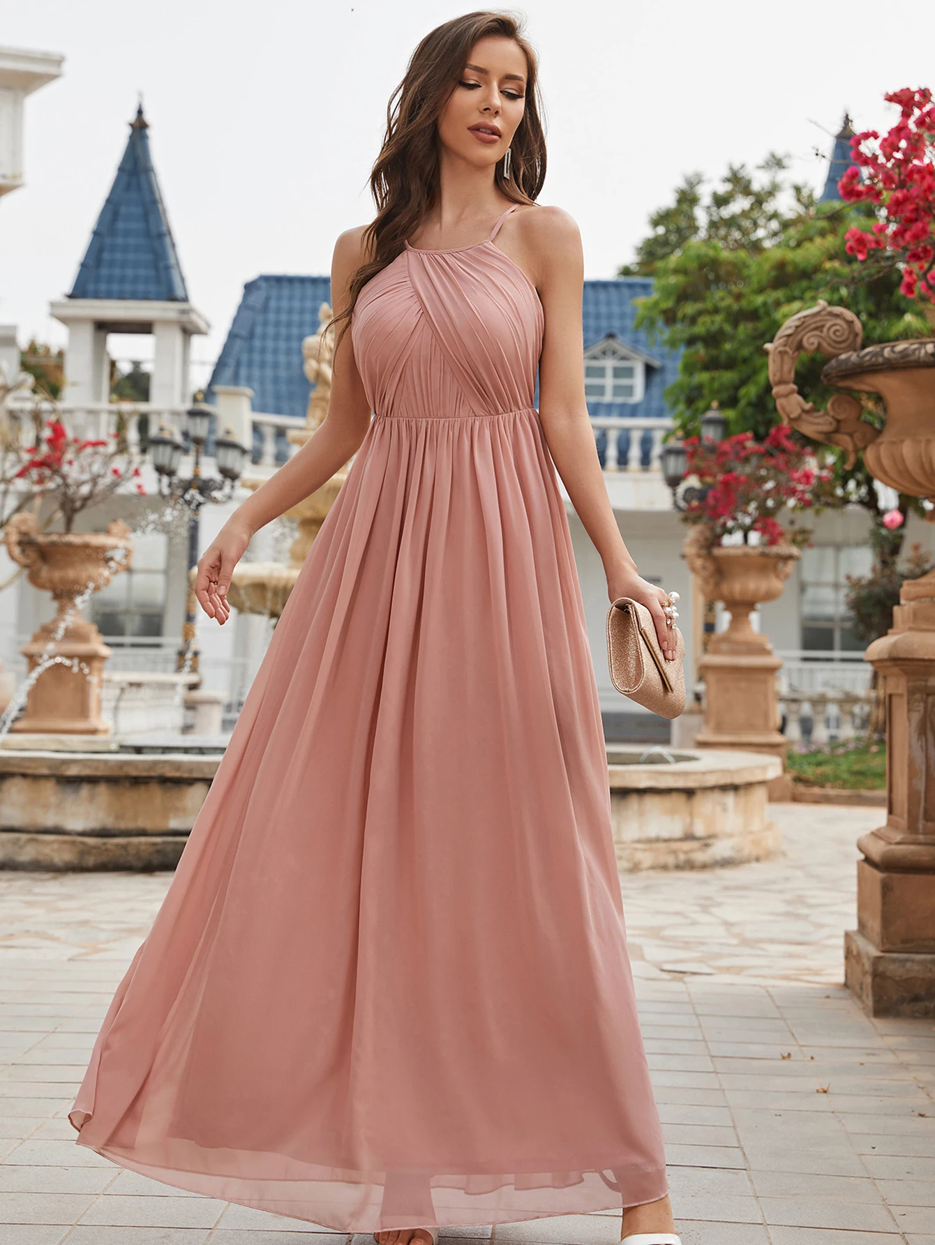 Unithorse Pink Sleeveless O-Neck Ruffled Chiffon Bridesmaid Dress