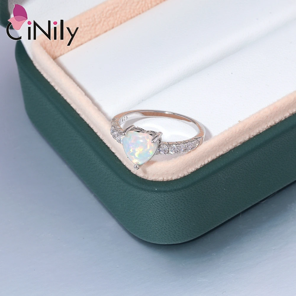CiNily Created White Fire Opal Rings with Cubic Zirconia Silver Plated Heart Shape Ring Cute Jewelry for Women Love Gift Size6-8 view 4