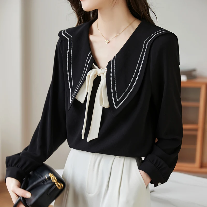 2026 Women Bow Tie Neck Long Sleeve Blouses Bright Line Tops Dressy Casual Elegant Work Shirts S-XXL Lapel Collar Black Shirts
