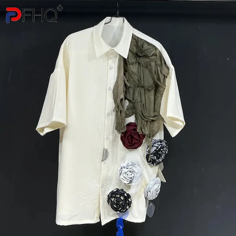 PFHQ Design Beige Handmade Rose Distressed Patchwork Shirt For Men's Short Sleeved Spring/summer Non Ironing Cool Shirt 21Z5103