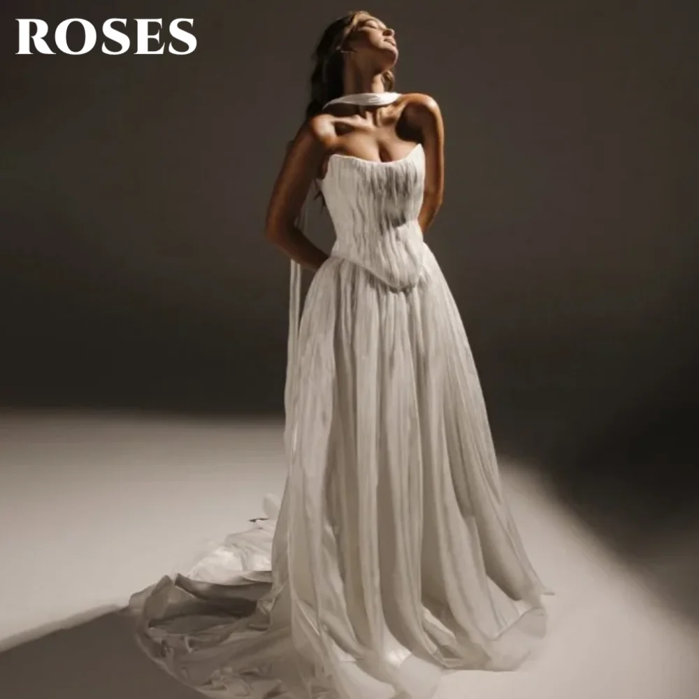 فستان حفلات بدون أكمام من ROSES بسيط باللون الأبيض مع وشاح وفساتين حفلات على شكل حرف a للمناسبات الرسمية حسب الطلب