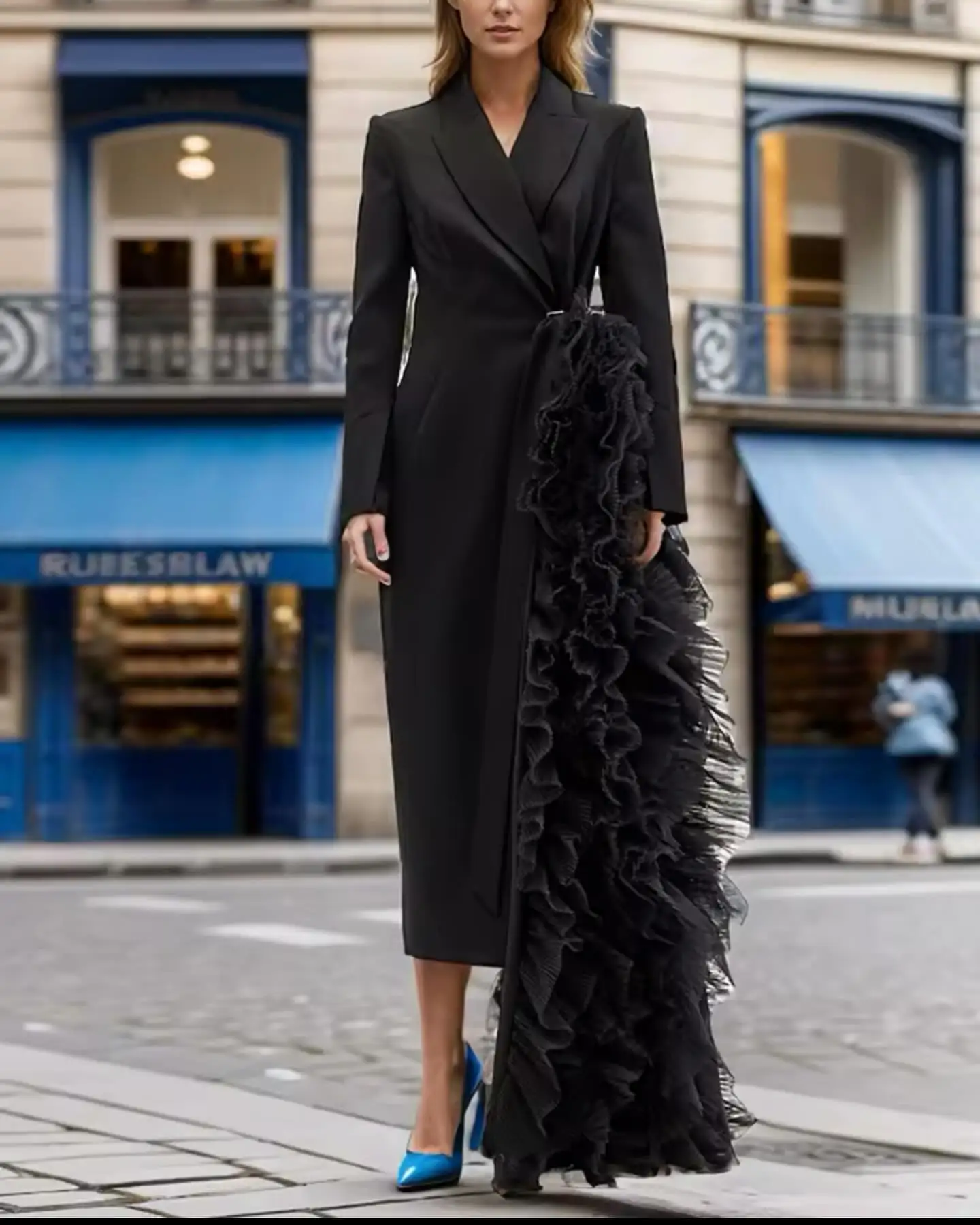 

Customized New fashion Jersey Straight Ruffles Tiered Evening Dress Temperament Long Sleeves V-Neck فساتين سهرة