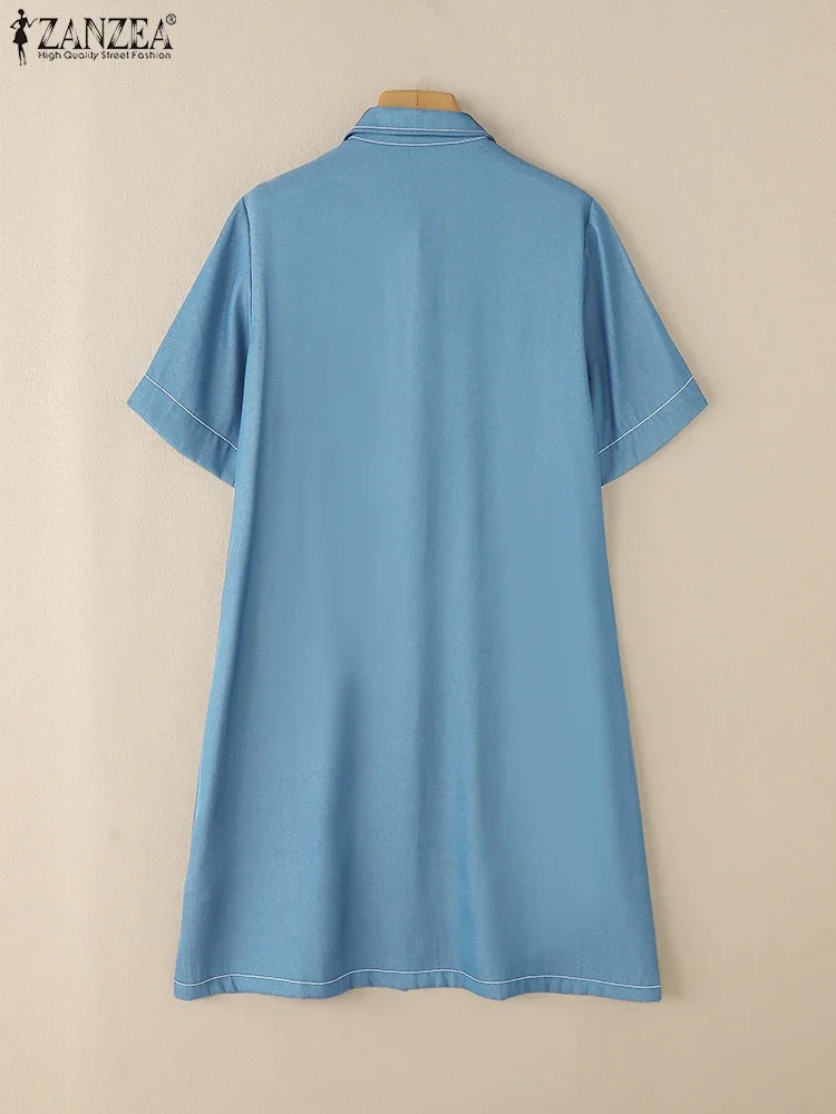 Mode robe d'été Denim bleu robe d'été ZANZEA femmes Vintage revers cou à manches courtes travail robes décontracté solide boutons robes