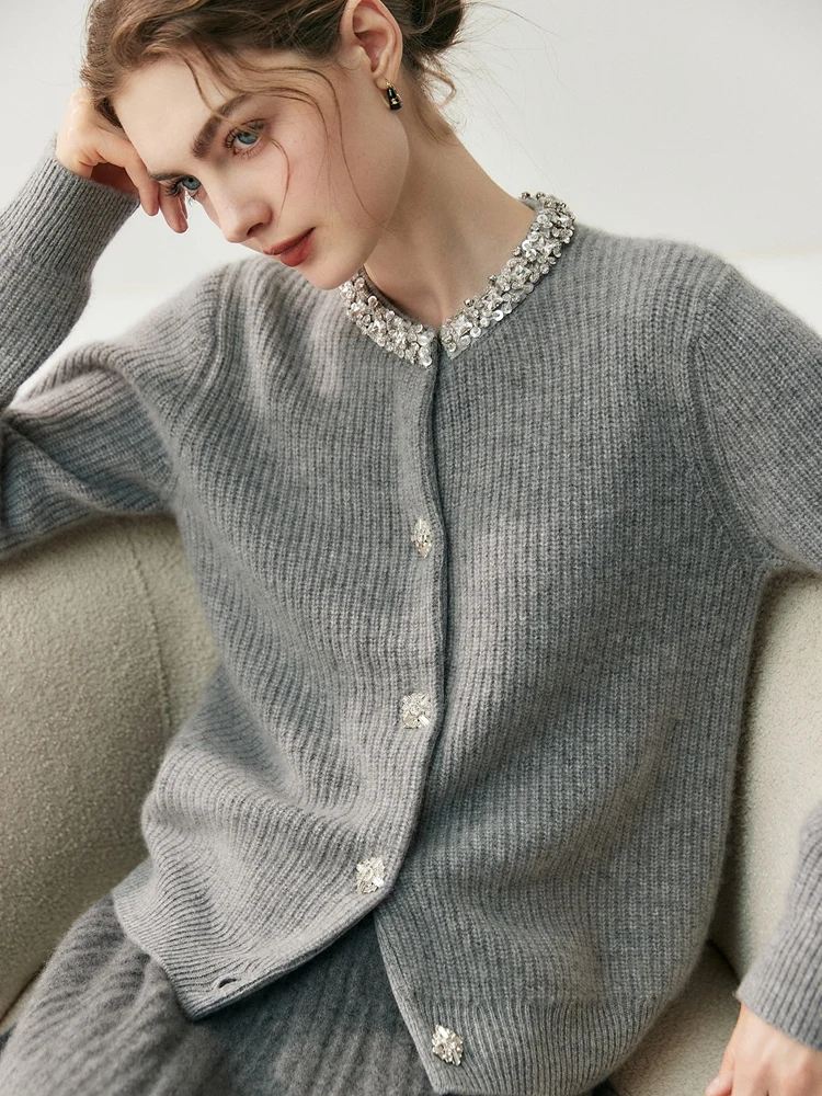 

Осенне-зимний кашемировый свитер для женщин с пряжками в стиле «бриллиант», кардиган из 100% кашемира, вязаный, с круглым вырезом, элегантный, мягкий, популярный, модный топ
