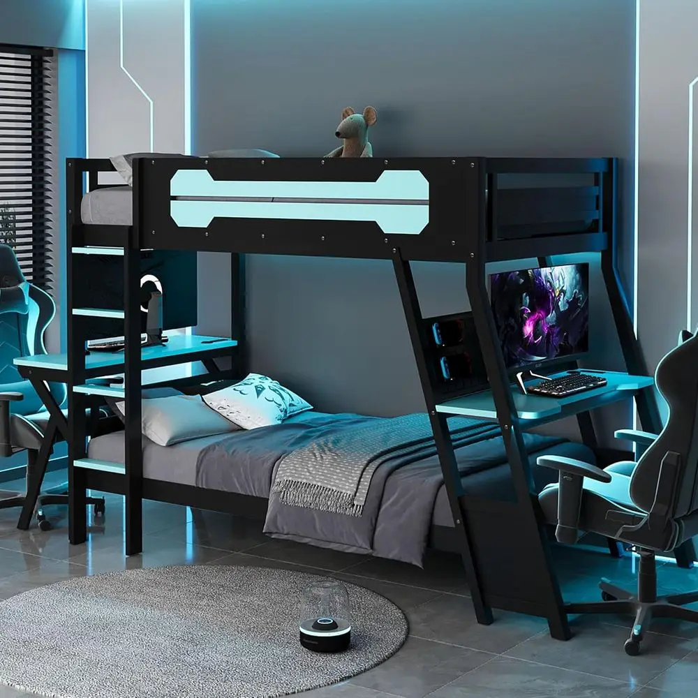 Twin Size Gaming Bunk Bed with 2 Desks, USB Ports, and Pegboard Storage for Kids and Adults (Blue, 12.5)