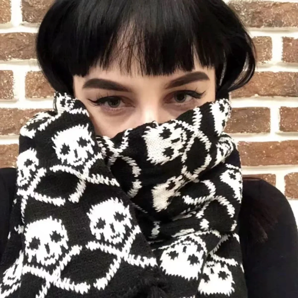 Halloween Skull Scarf Gothic Winter Knitted Black Dark Shawl Acrylic Tassels Harajuku Skeleton Wrap with Fringes for Women Men