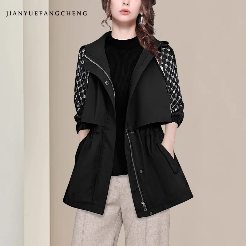 2025 Fall Women Black Long Hooded Jacket With Flowers Pattern Loose Casual Sports Female Windbreaker Trench Coat