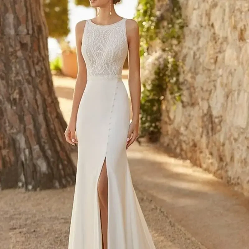 

Lace Mermaid Sleeveless Wedding Dresses for Women Sexy Side Slit Round Button Bridal Gowns Vestidos Elegance Robe De Customized