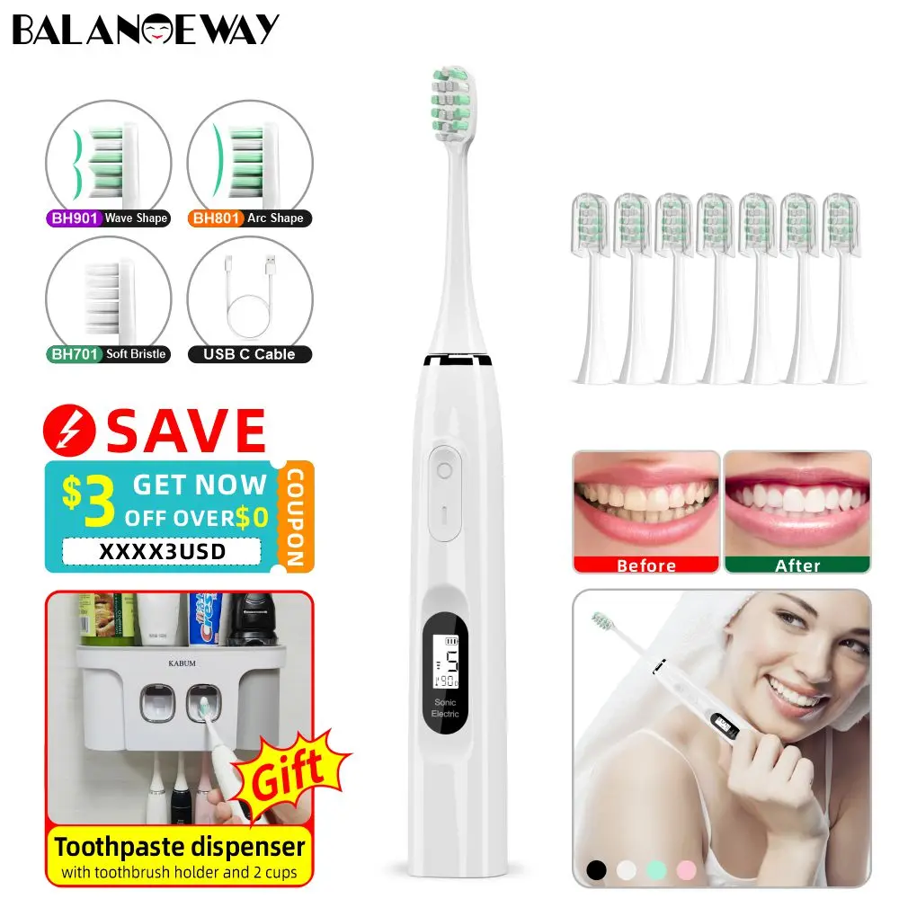 

Electric Toothbrush White Sonic Adult Cleaning 60 Days 8 Replaceable Heads USB C Upgraded Toothpaste Dispenser Holder Get Free