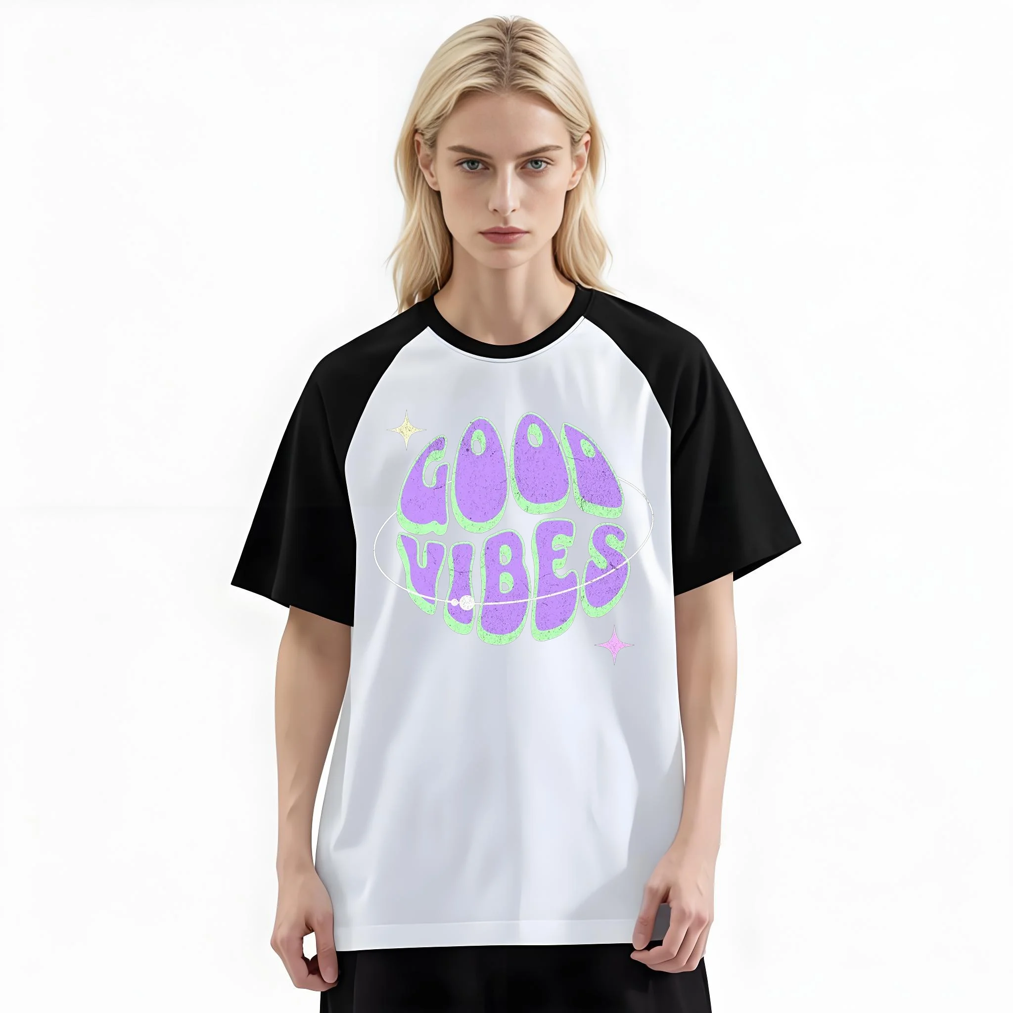 Women'S Fashion Raglan Sleeve T-Shirt, Good Vibes Purple Gradient Bubble Font Printed, Summer Casual Comfortable Tee, Women'S Everyday Short-Sleeve Top