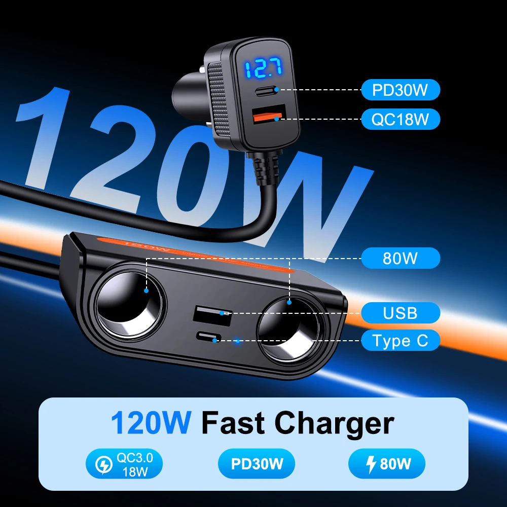 12V/24V Car Cigarette Lighter 120W Car Charger PD QC USB Quick Charge Power Adapter Charger 4 in 1 Multifunctional Socket