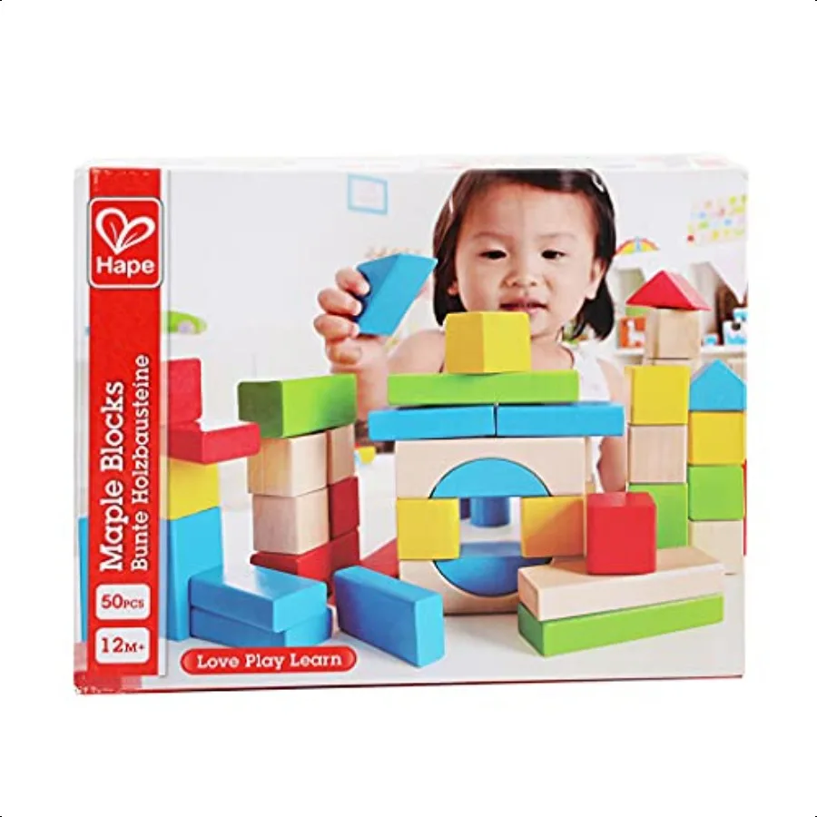 Hape Maple Wood Building Blocks Stacking Wooden Block Educational Toy Set for Toddlers 50 Brightly Colored Pieces in Assorted S