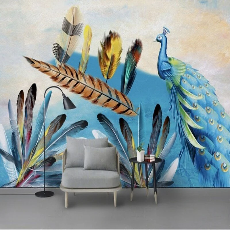 Modern European-style elegant feather peacock mural bedroom luxurious home decoration background wall paper