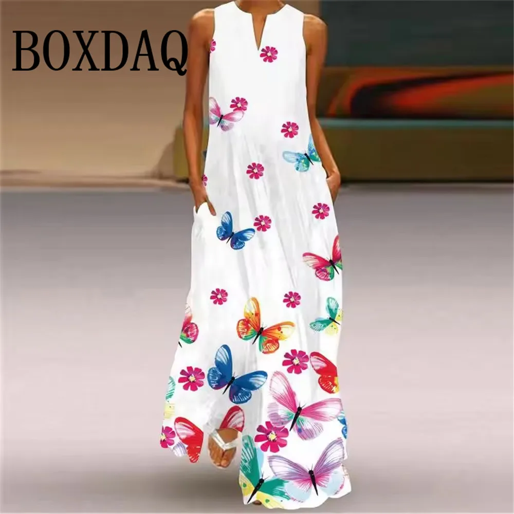 Fashion V-Neck Printed Sleeveless Women Maxi Dress Summer Casual Loose Straight Beach Long Dresses Ladies Sundress Lady Vestidos