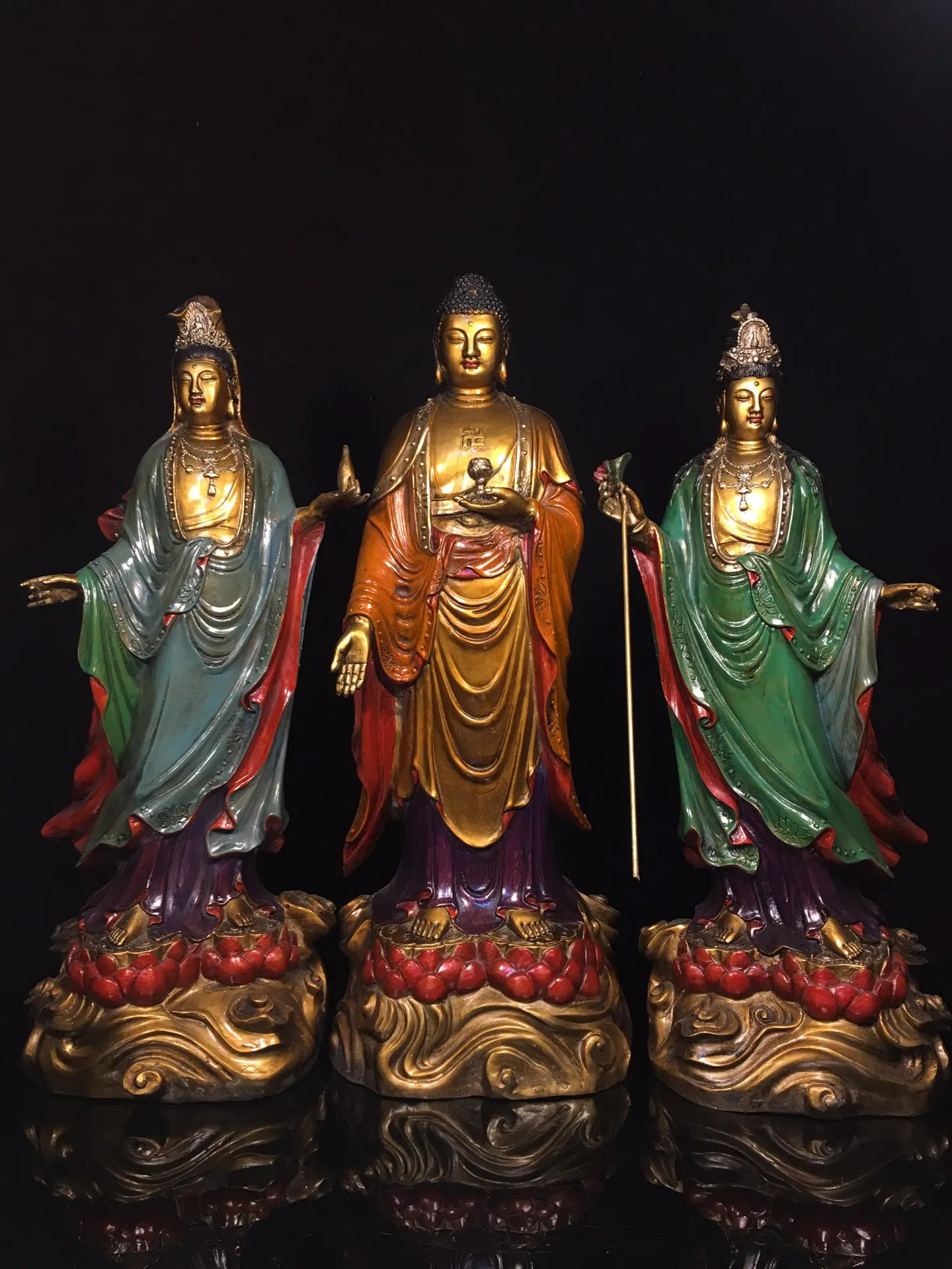 

18"Tibetan Temple Collection Old Bronze Cinnabar Painted Three Sages Shakyamuni Guanyin Station Buddha Worship Hall Town house