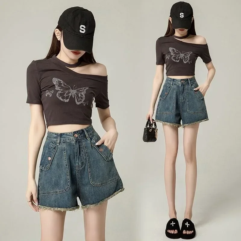 

Retro High Waisted Denim Shorts Women's Summer New Design Sense Short Trousers Female Baggy Raw Edge A-line Wide Leg Jean Pants