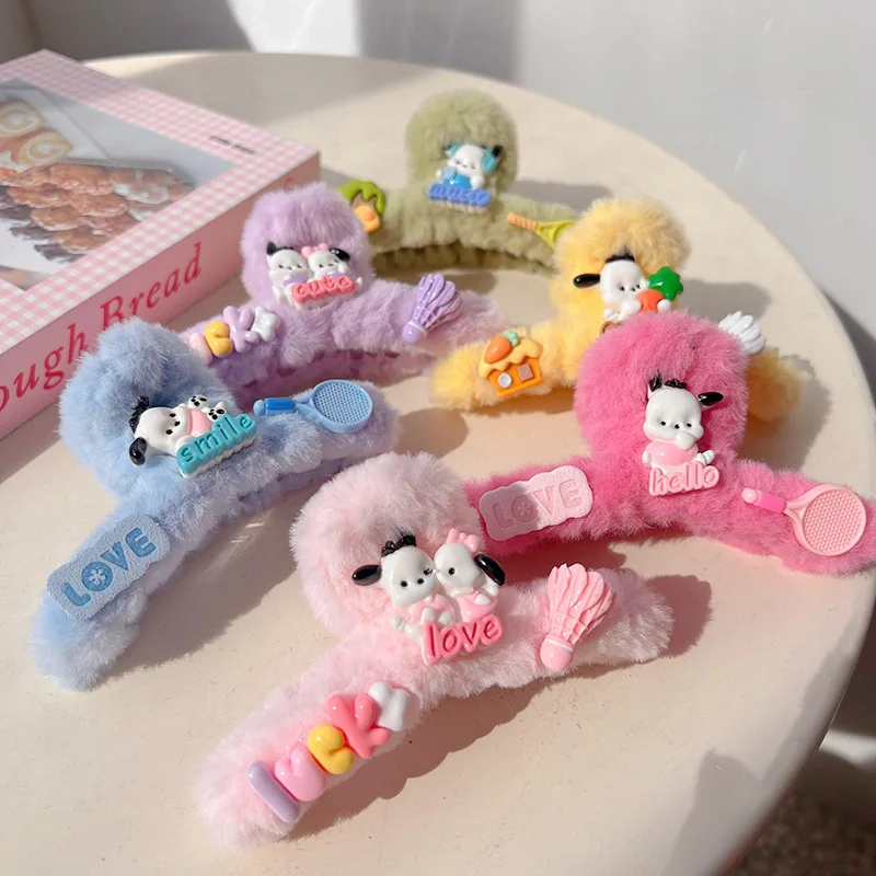 

Kawaii Sanrio Hellokitty Mymelody Kuromi Cinnamoroll Plush Hair Grab Female Cute Large Hairy Shark Clip Sweet Sister All Girls