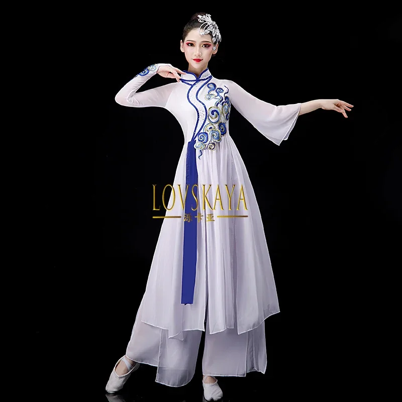 Chinese style blue and white porcelain Hanfu fan dance classical dance costume for women