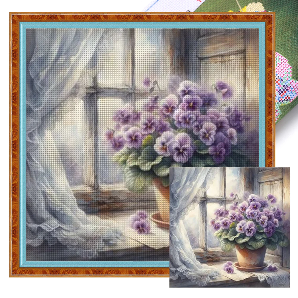 Full Embroidery Eco-cotton Thread 11CT Printed Flower Cross Stitch Kit 40x40cm