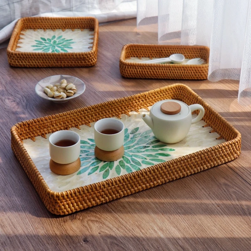 

Asian Handmade Rattan Shell Tray Decorative Dining Accessory Fruit Serving Plate Home Snack Storage Tray for Living Room