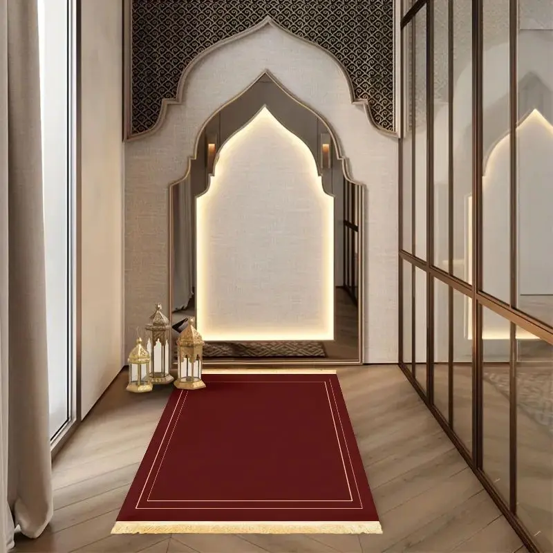 VIKAMA Islamic Prayer Mat Portable Foldable Red Pattern Rug Ramadan Worship Floor Mat for Indoor Daily Use