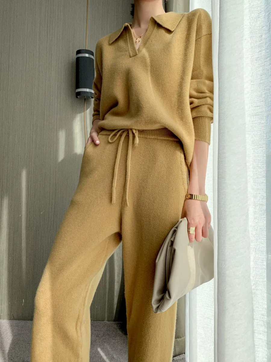 Soft Knitted Sweater Pants Suits Pajamas Women Autumn Winter Casual Ladies Sets 2 Pieces V-Neck Loose Female Sleepwear Tracksuit
