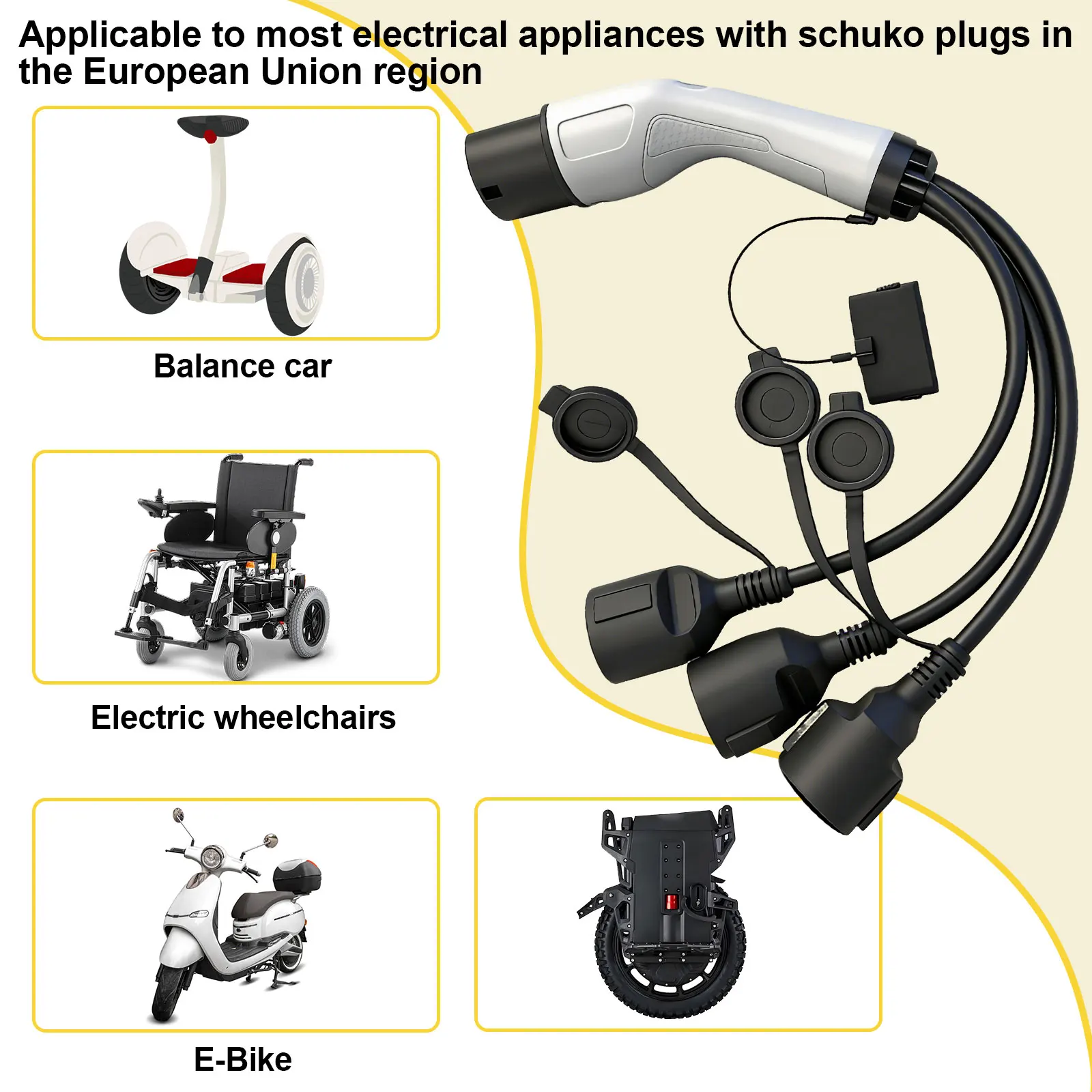 Tragbarer EV-Ladeadapter 220V Typ 2 Stecker auf 3 Schuko-Steckdosen Konverter für Elektrofahrzeug-Ladegeräte