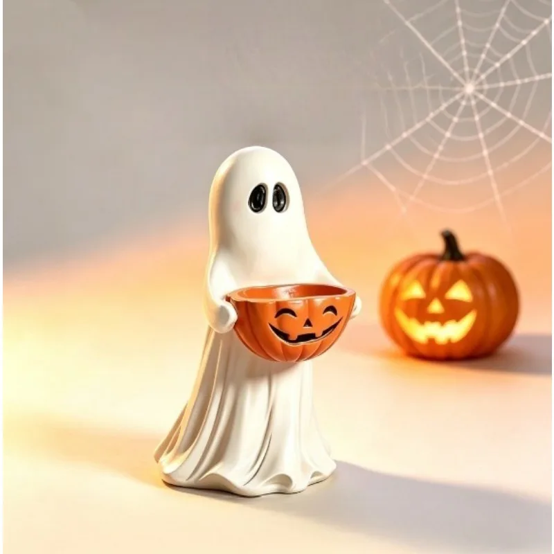 1PCS  Ghost Figurine With Pumpkin Bowl Hard Resin Candy Dish For Tiered Tray Window Autumn Harvest Halloween Indoor Decor Prop