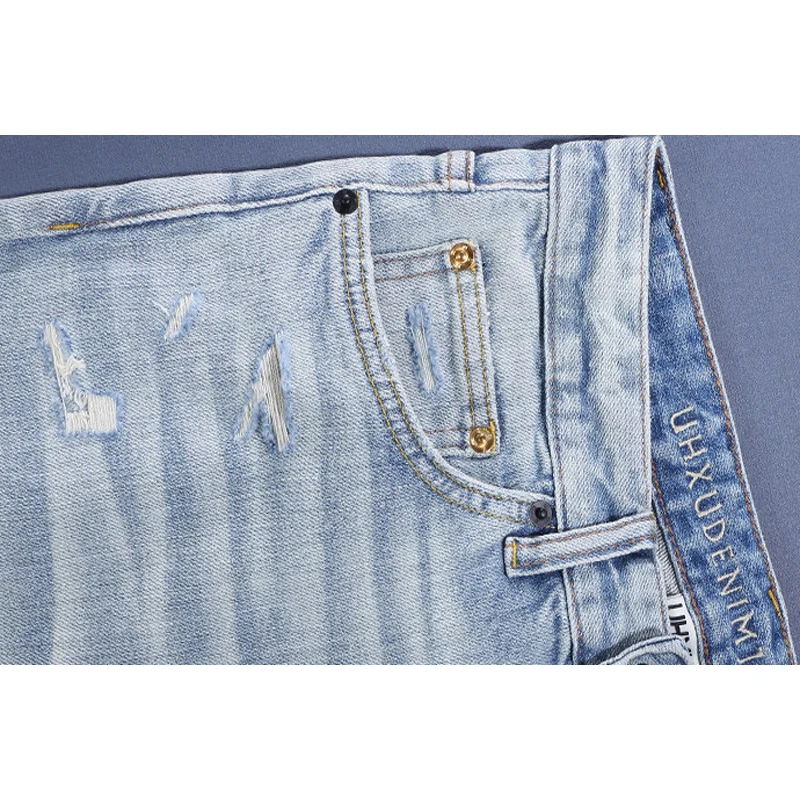 

Мужские джинсы Street Designer Fashion: ретро, светло-голубые, стрейч, слим-фит, с дырками и заплатками, рваные, в стиле хип-хоп, винтажные, джинсовые брюки