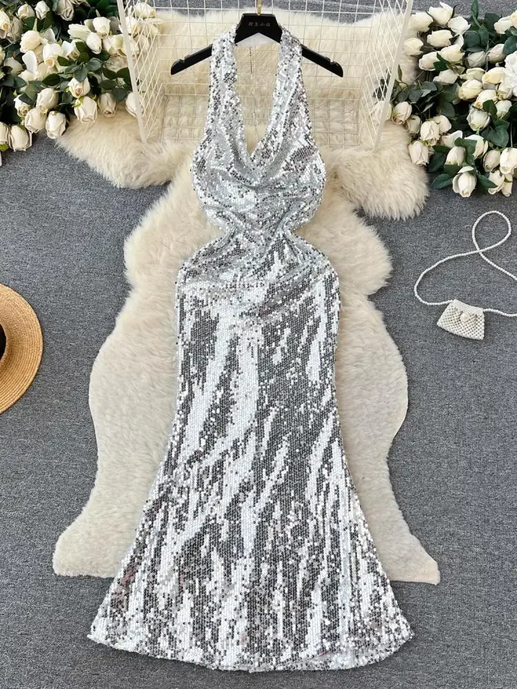 女性のためのノースリーブのイブニングドレス,背中の開いたイブニングドレス,シルバーのスパンコール,長い,セクシーなクラブ,ヒップラップ,エレガント,誕生日パーティー,夏,レトロ,2022